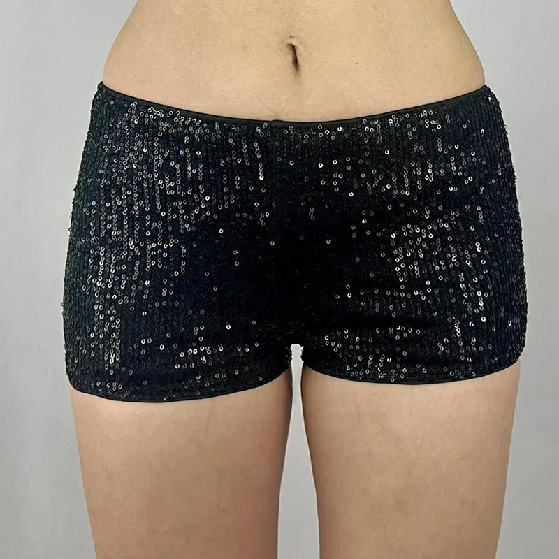 Pantaloni caldi elastici a vita bassa con paillettes nere alla moda da donna, corti personalizzati da ballo slim