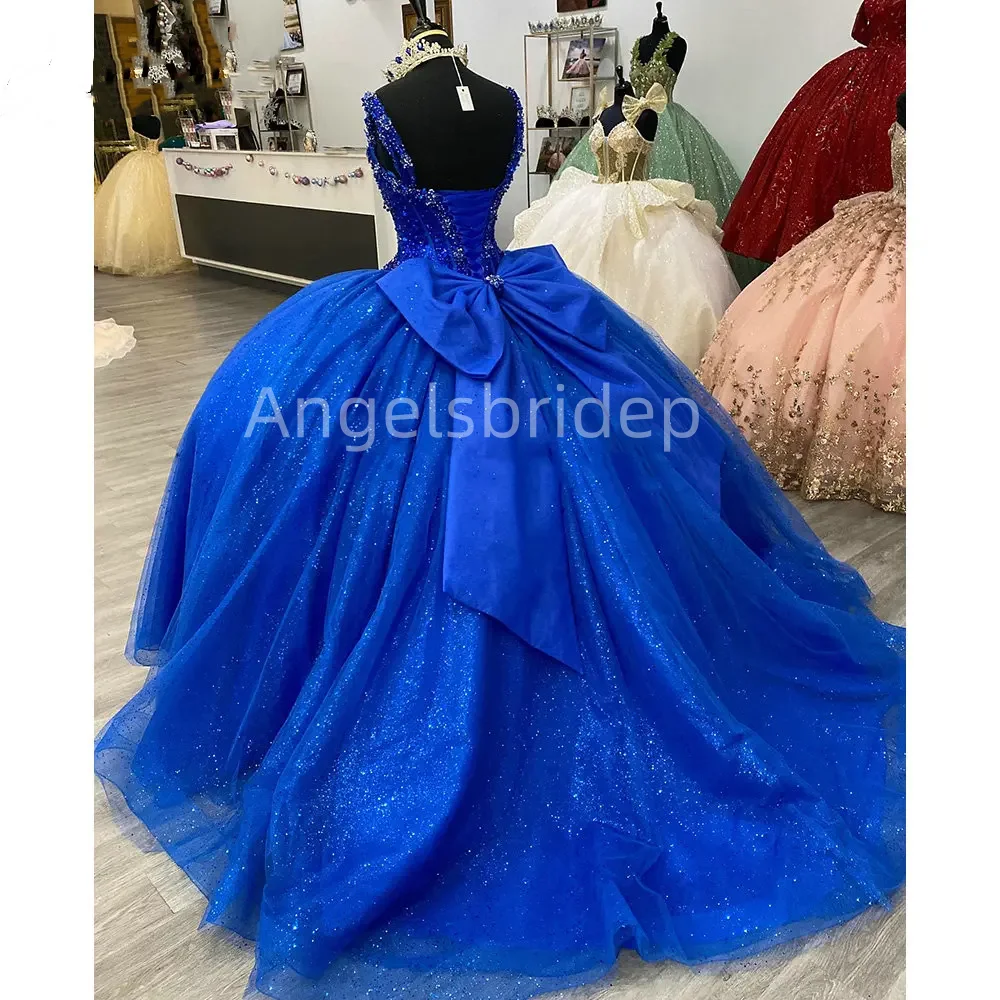 Angelsbride Royal Blue Crystal Beading Ball Gown Quinceanera Dresses Spaghetti Strap Bow Corset Vestidos De 15 Años