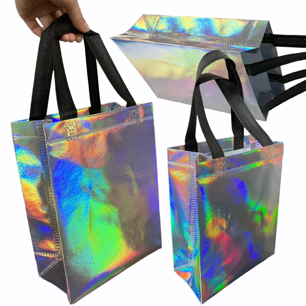 4 Pcs Iridescent Party Gift Bags Holographic Non-Woven Fabrics Bags Iridescent Birthday Decor Supplies Reusable with Handle Bags