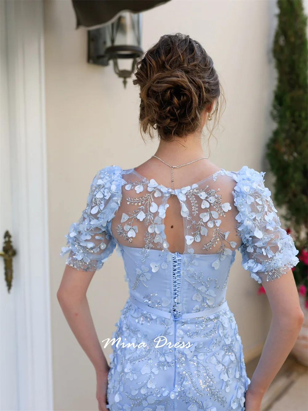 Mina Pleated 3D Decals Prom Dresses Luxury Party Dress Beads Luxurious Women's Evening Dresses Women Elegant Short Sleeve Woman