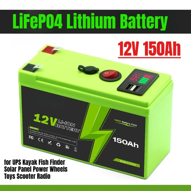 

12V 150Ah LiFePO4 Lithium Battery 4000+ Deep Cycles for UPS Kayak Fish Finder Solar Panel Power Wheels Toys Scooter Radio