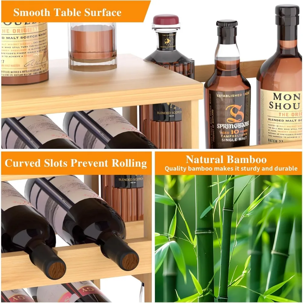 حامل بار منزلي متعدد الاستخدامات مع رف نبيذ شبه منحرف من الخيزران وطاولة صغيرة لعرض زجاجات الخمور على الأرض