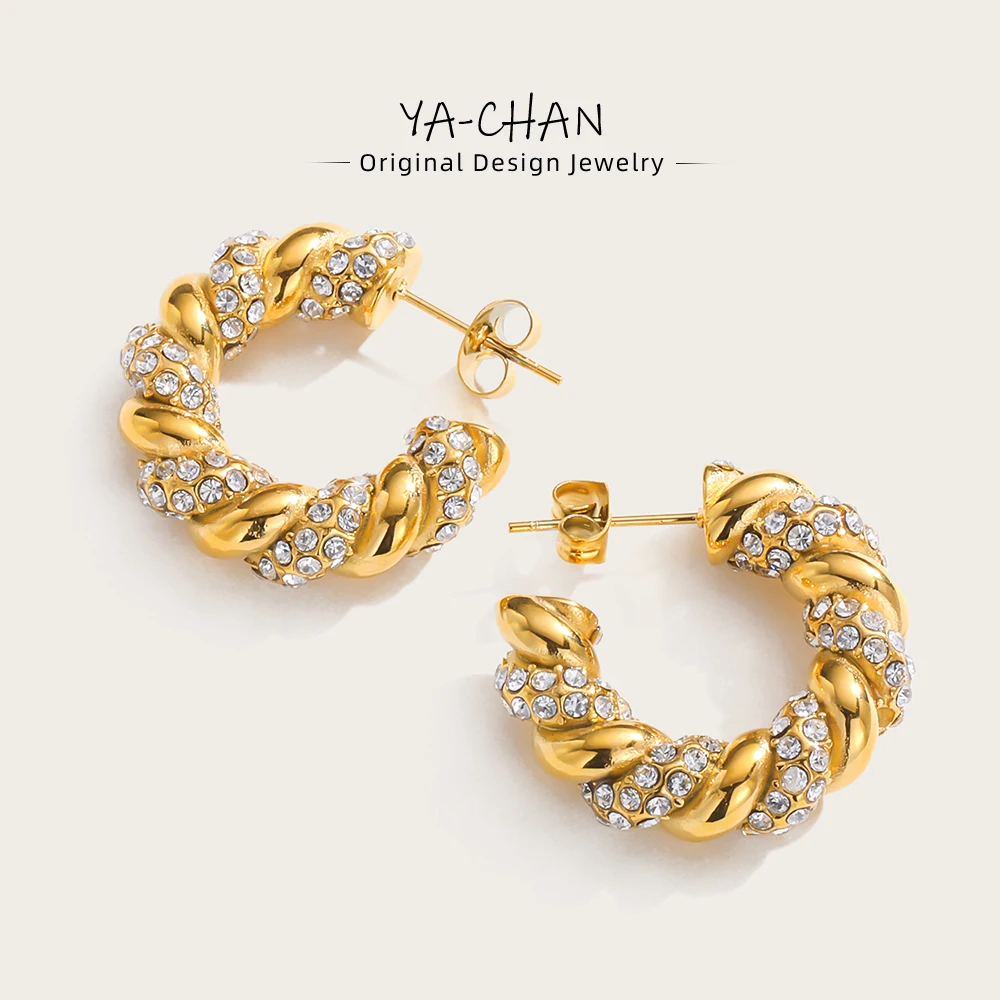 

YACHAN Luxury Crystal Stainless Steel Hoop Earrings for Women Chunky Twisted C-Shaped Piercing Earring Exquisite Jewelry