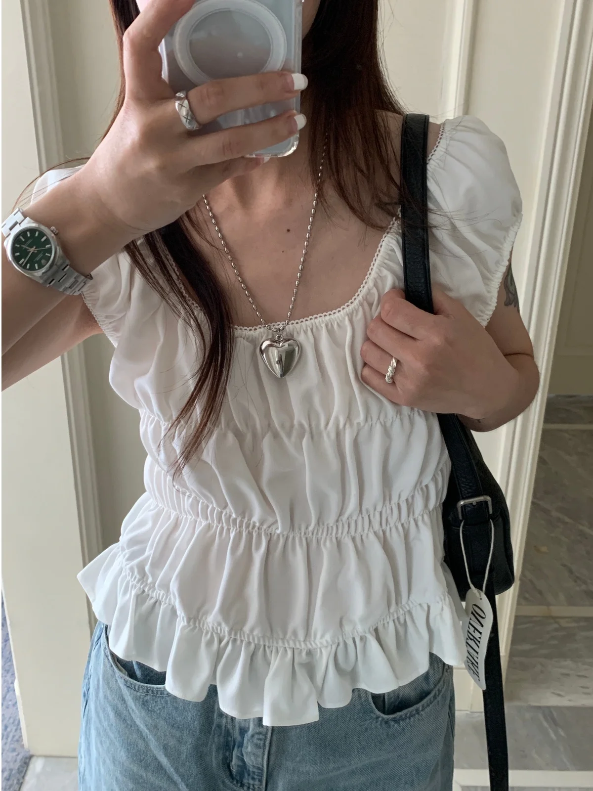 

Chic ort Svel irt Women's Faion Square Collar Pleated Design Summer New Sle Gentle Wind Women's Top
