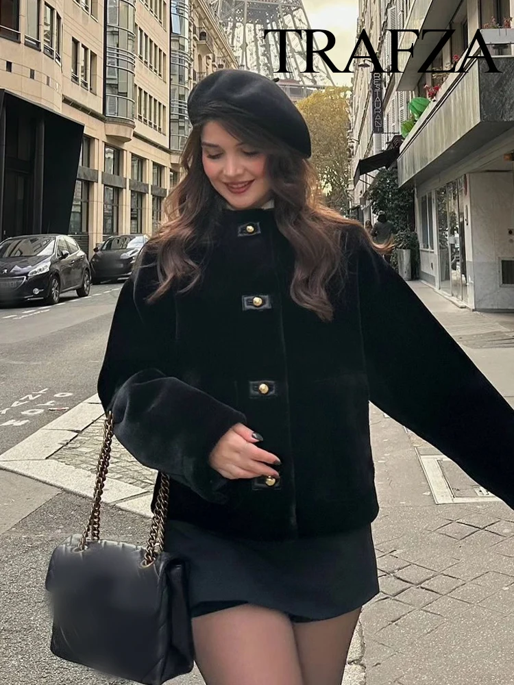 TRAFZA, moda de invierno para mujer, chaqueta con bolsillo efecto piel sintética, elegante, cuello redondo, un solo pecho, manga larga, prendas de vestir cálidas