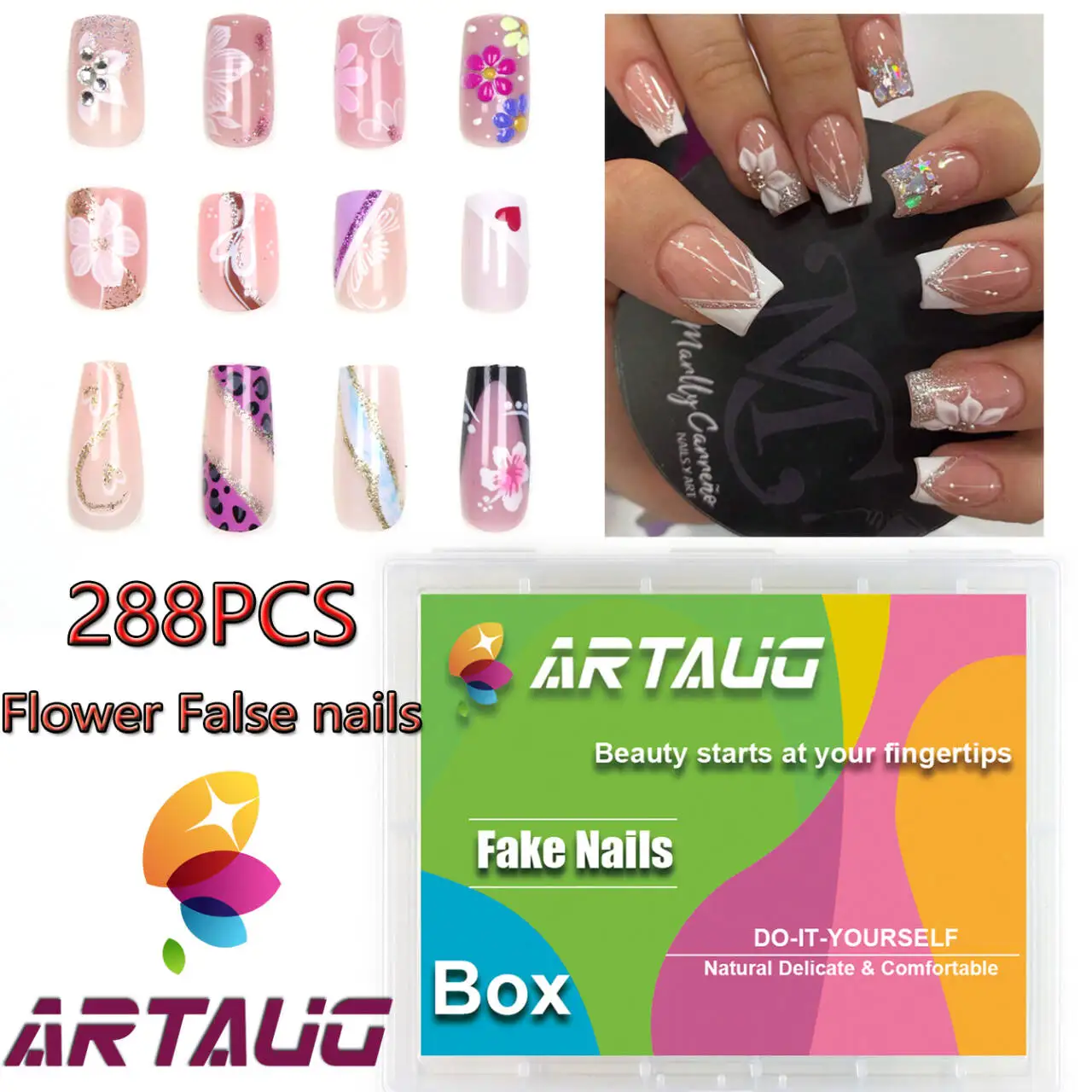 

288PCS French Nail Press Short Square Fake Nails, Acrylic Full Coverage Fake Nails, Reusable Nails, 12 Types Of Fake Nails