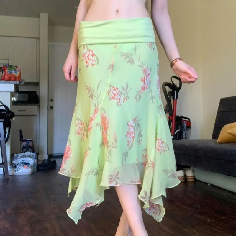 

Resort Style Waist Printed Mesh Long Skirt Female Irregular Loose Skirt Hot Girl Skirt