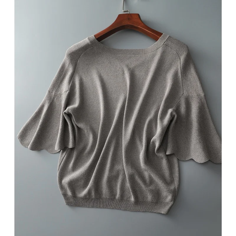 Summer Knitted Women Blouses Fashion Spring Half Sleeve Shirt Petal Sleeve V-neck Casual Loose Top Elegant Gray Clothing