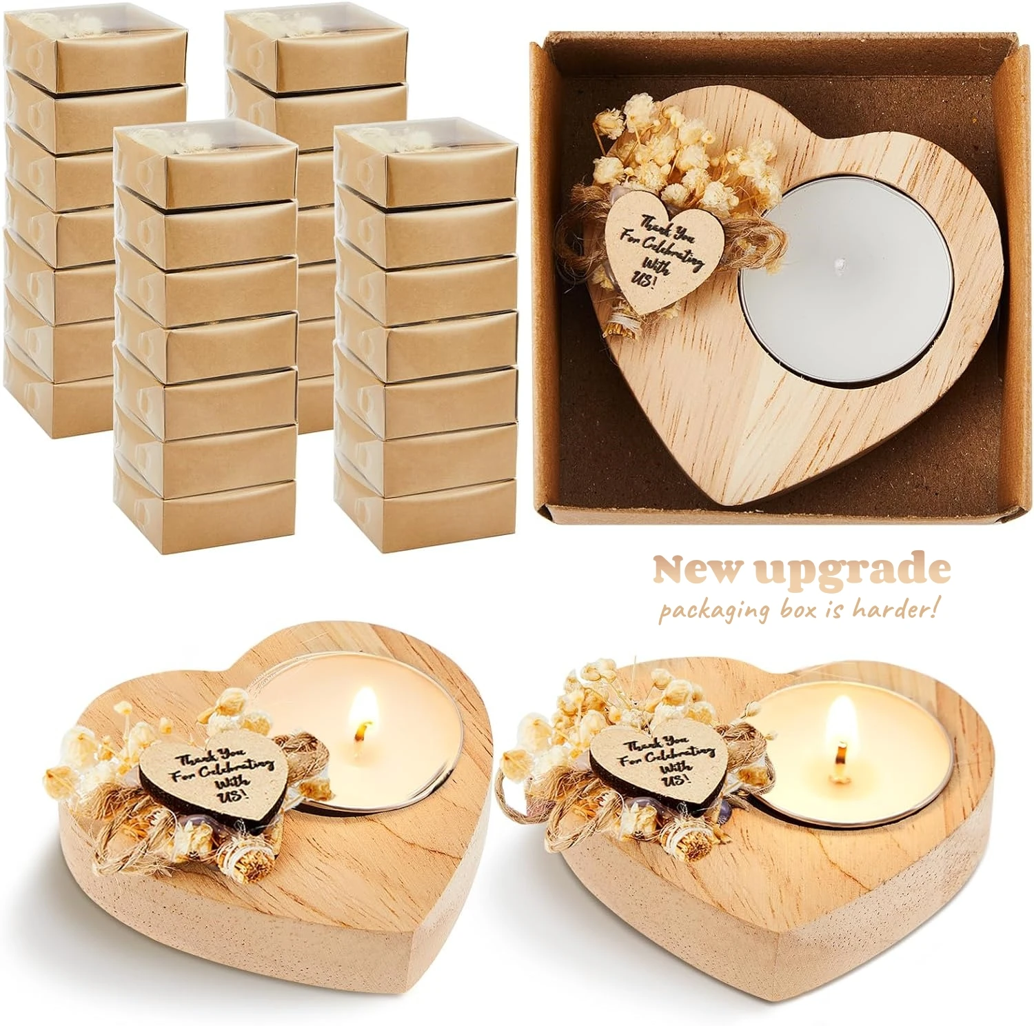 

12/24/36PCS Thank You Wedding Candles Heart Shaped Wood Tealight Candle Party Favors for Guests Bridal Baby Shower Baptism Gifts