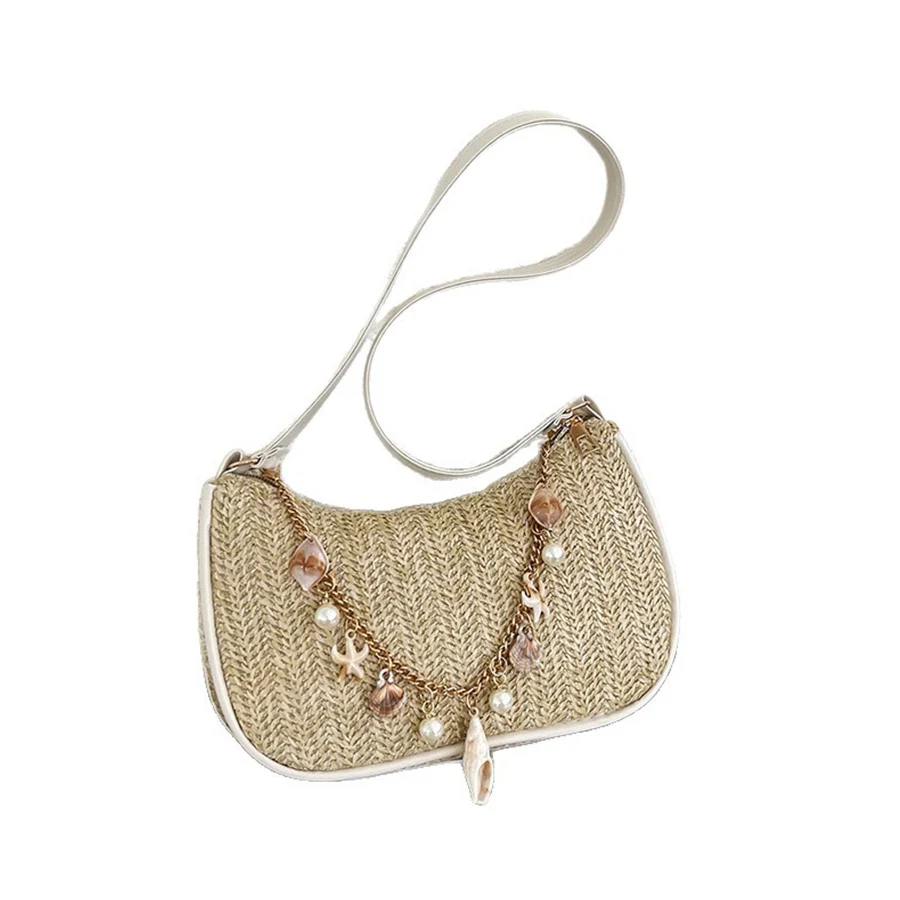 Bohemian Summer Straw Shoulder Bag with Ocean Shell, Starfish & Seahorse Charms, Perfect for Beach Vacation & Tropical Getaways