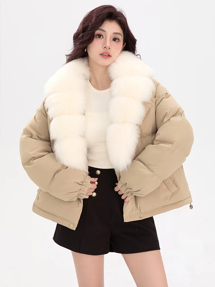 2024 Autumn Winter Big Natural Fox Fur Collar Coat Women Female Parkas Goose Down Jacket Feather Short Puffer Coat