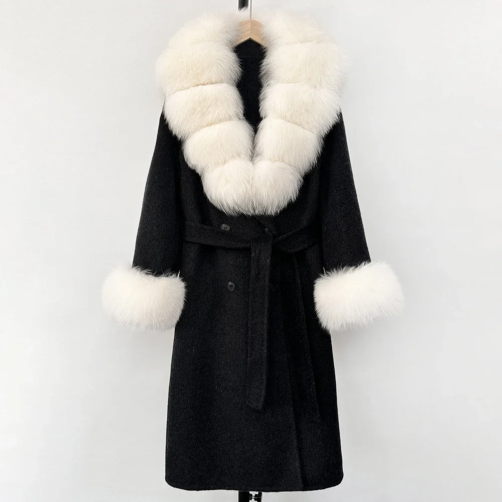 Real Fox Fur Jacket Wool Blends Coat Fashion Long Natural Woolen Coat Women New Autumn Winter Clothes Warm Wool Overcoat