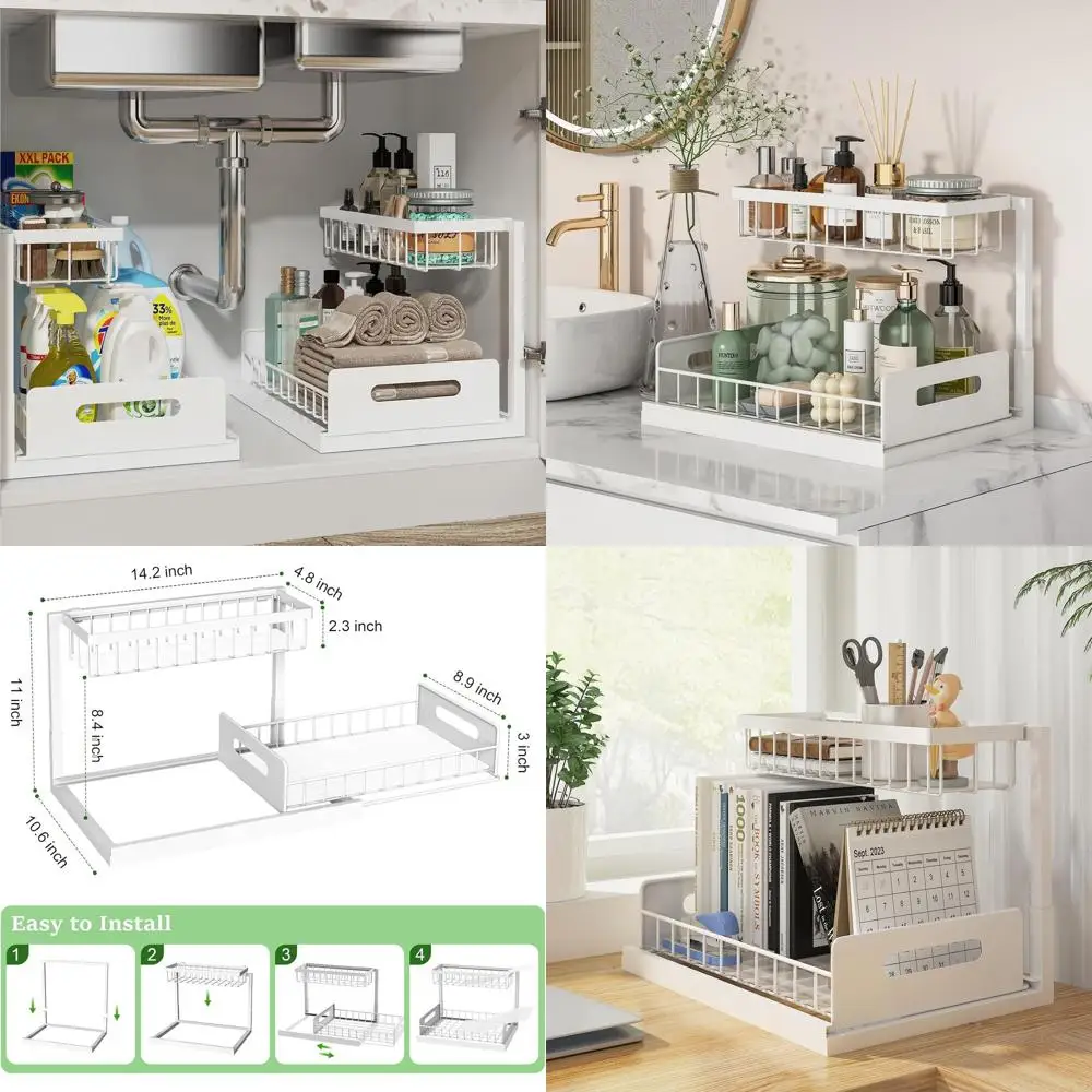 

Double-Tier Pull-Out Under-Sink Organizer for Kitchen and Bathroom, White, 2-Pack Storage Solution