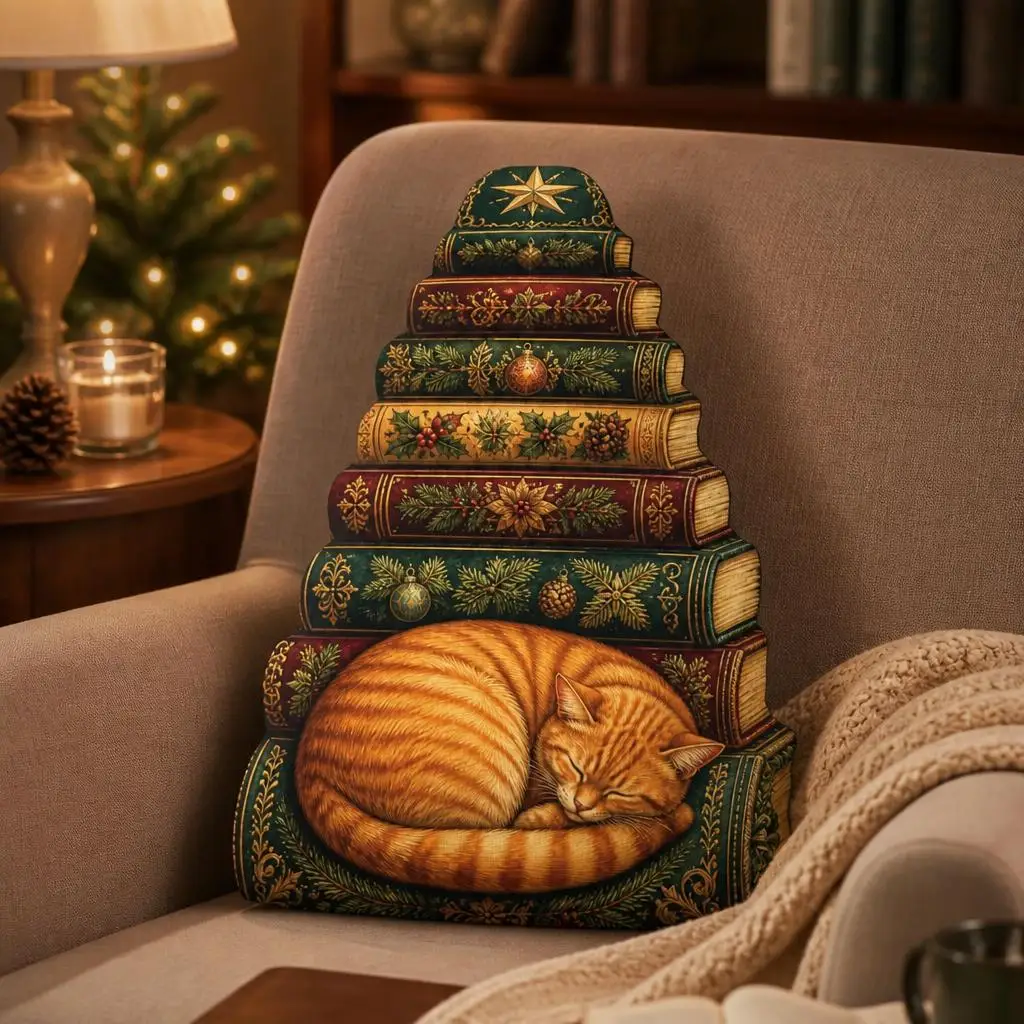 Christmas Book Tree Pillow Sleeping Ginger Cat Cushion Holiday Reader Decor Plush Stuffed Shaped Throw Pillow Gift