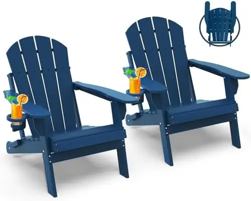 Folding-Chairs-Set-of-2 | HDPE Plastic | Fire Pit Chair |,All Weather , Cup Holder ,Blue