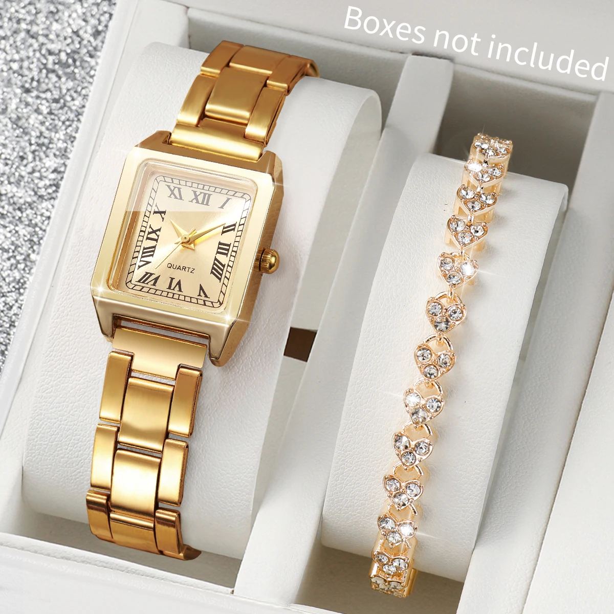

2 шт. элегантных прямоугольных женских часов с браслетом в виде сердца из страз, модный набор с римским циферблатом, кварцевые наручные часы для женщин (без коробки)