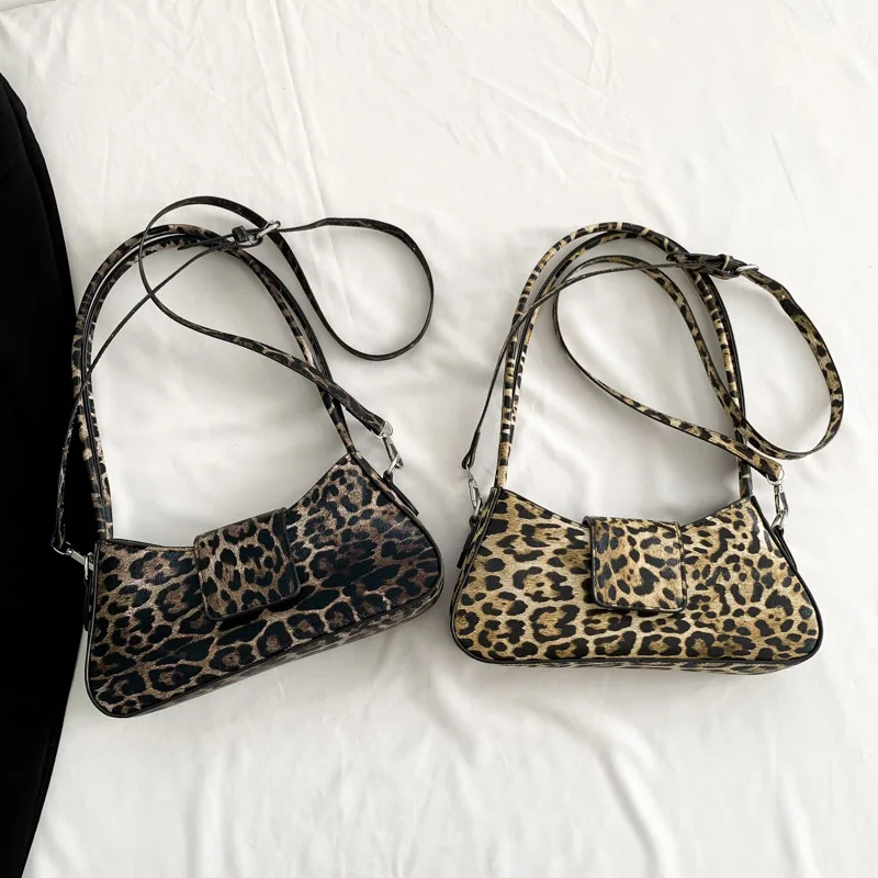 Bolso de mano de estilo francés para mujer, bandolera de cuero PU, versátil, marrón, negro, leopardo