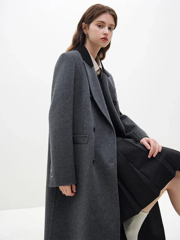 FSLE 100% Wool Temperament Dark Grey Women Front Shoulder Long Woolen Coats Notched Collar Double Breasted Female Wool Jackets