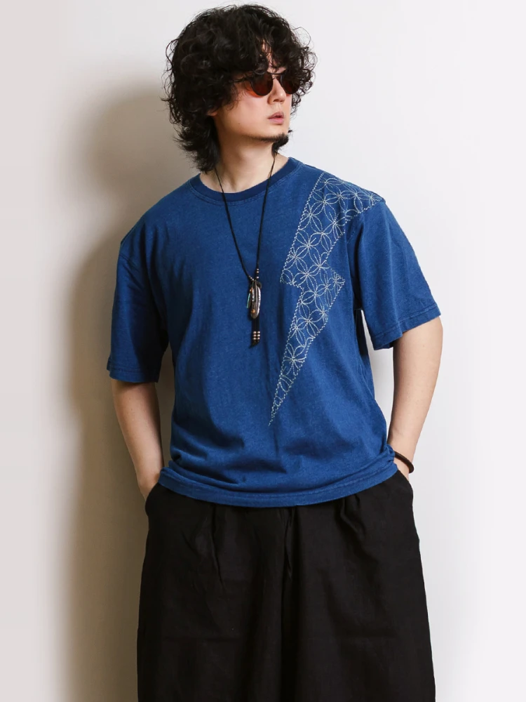 تي شيرت قطني كاجوال بأكمام قصيرة بنمط ياباني مصبوغ باللون الأزرق من القطن الخالص فضفاض للصيف برقبة مستديرة يواكب اتجاهات الشباب #4