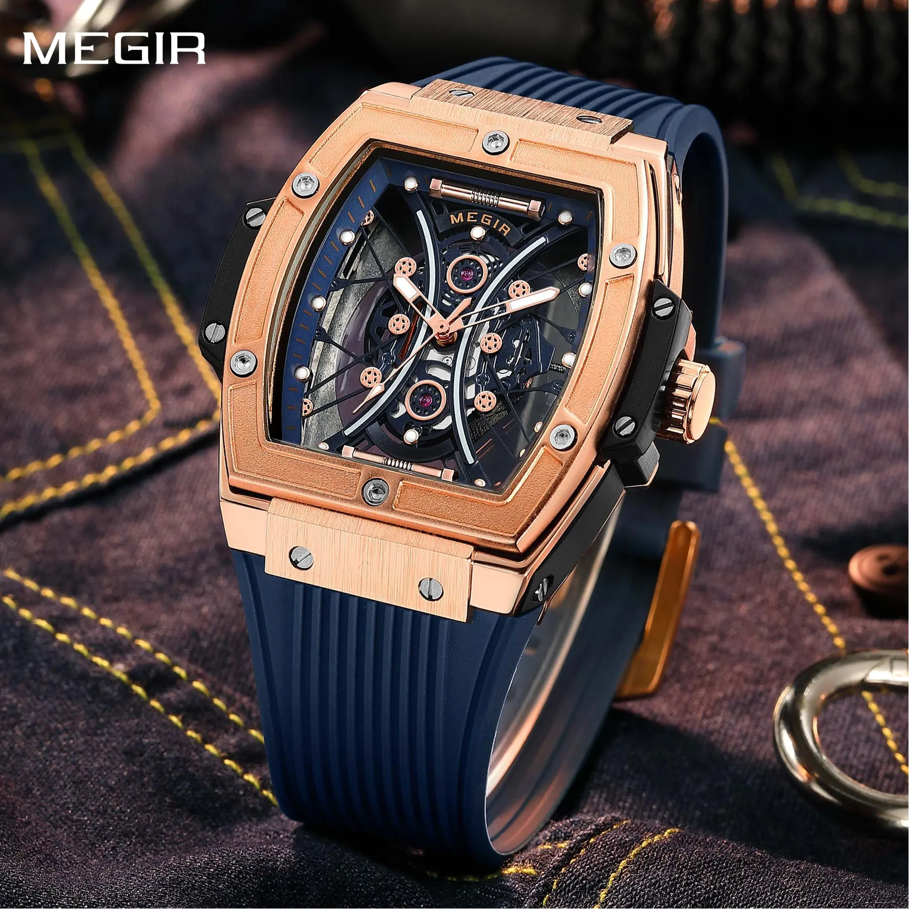 

MEGIR Tonneau циферблат мужские часы модные спортивные повседневные наручные часы силиконовый ремешок военные кварцевые часы Relogio Masculino 8109