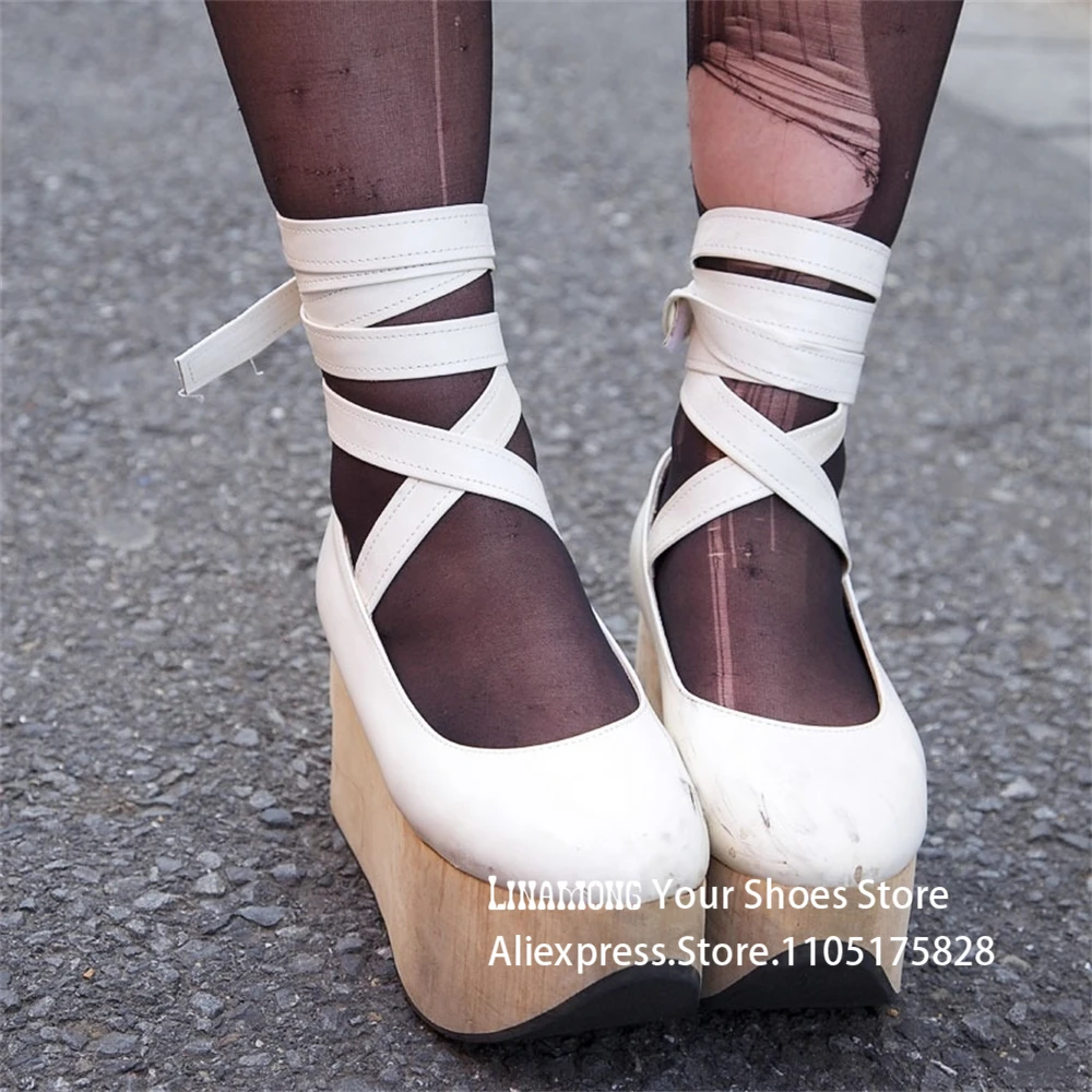 Sapatos de plataforma exclusivos de couro pu branco fita tira no tornozelo sapatos de salto estranho estilo kawaii quimono cosplay saltos personalizados multicoloridos