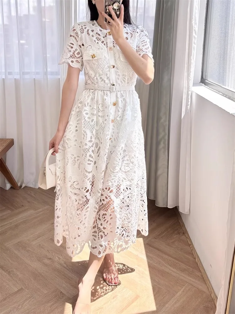 Summer Autumn Holiday White Lace Prom Wedding Dress Women Single Breasted Metal Button Flower Embroidery Midi Long Sundress