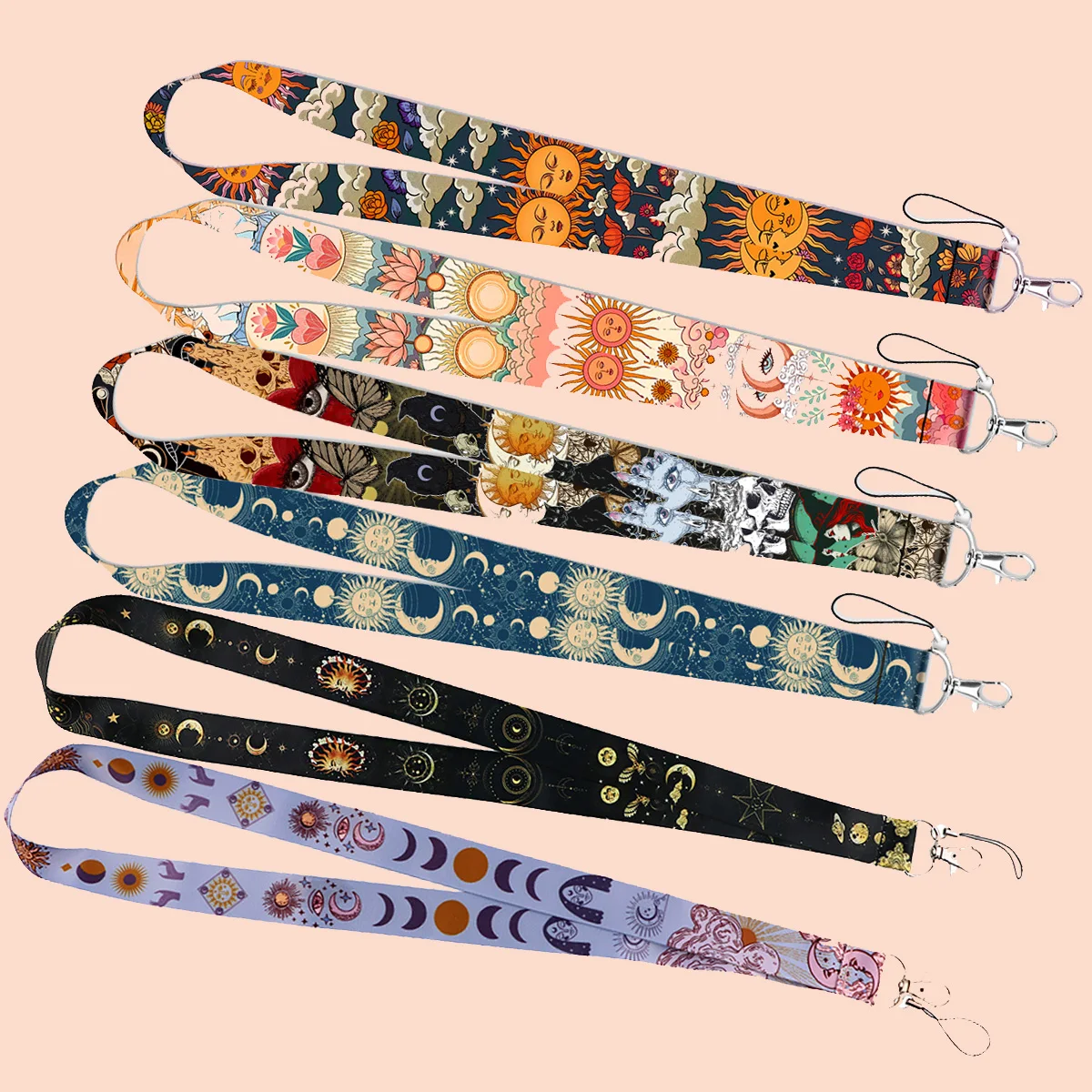 6pcs/set Sun Moon Face Rope Strap Vintage Keychain Lanyard For Cars Motorcycles Keys Anti-Lost Hang Rope Keys Accessories Gifts