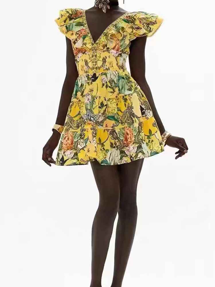 Retro 2024 summer women\'s new V-neck flying sleeve printing holiday wind backless lace-up dress fashion short A-line skirt