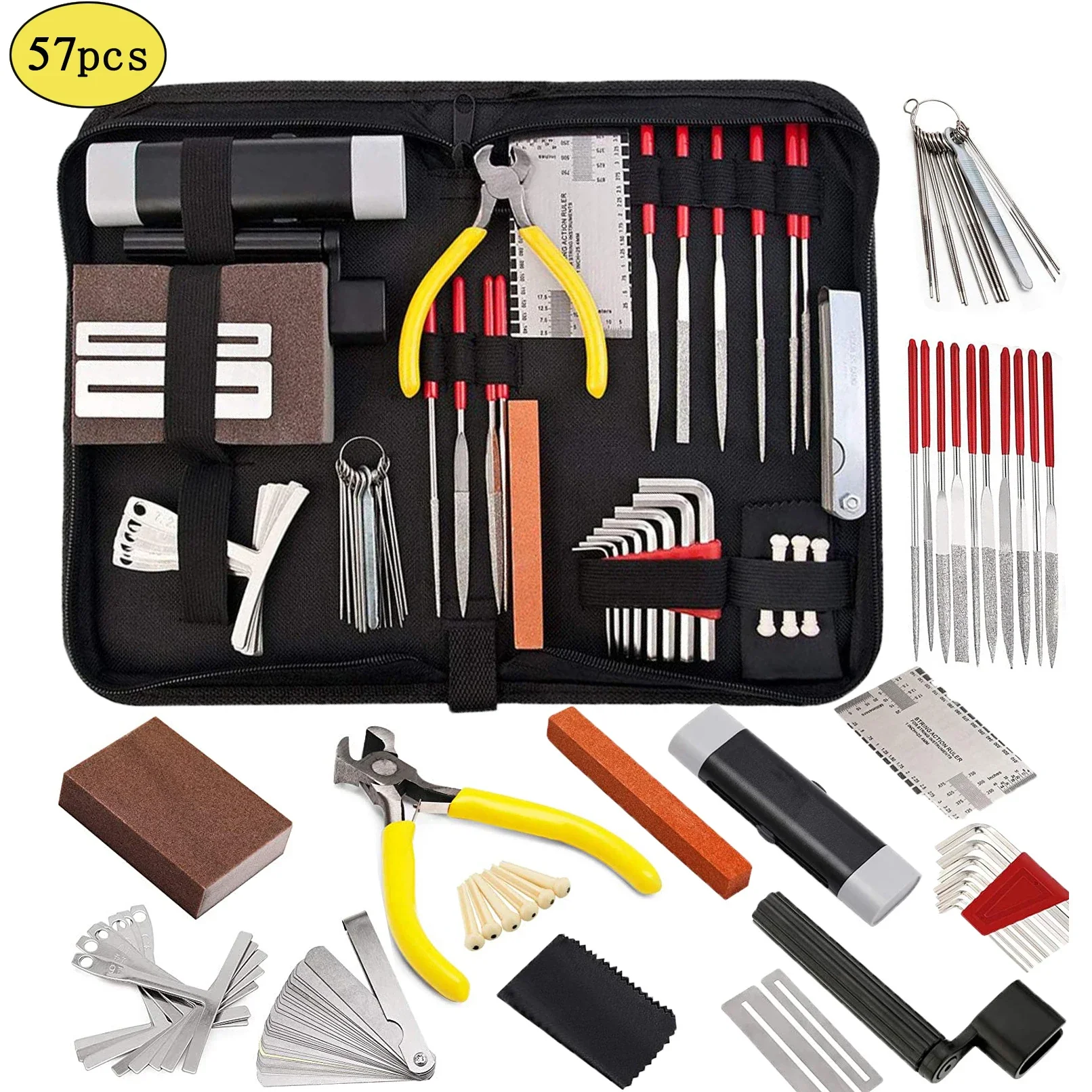 

57 PCS Guitar Repair Maintenance Tools Kit with Carry Bag String Action Ruler Luthier File Guitar Bridge Pins for Ukulele Bass