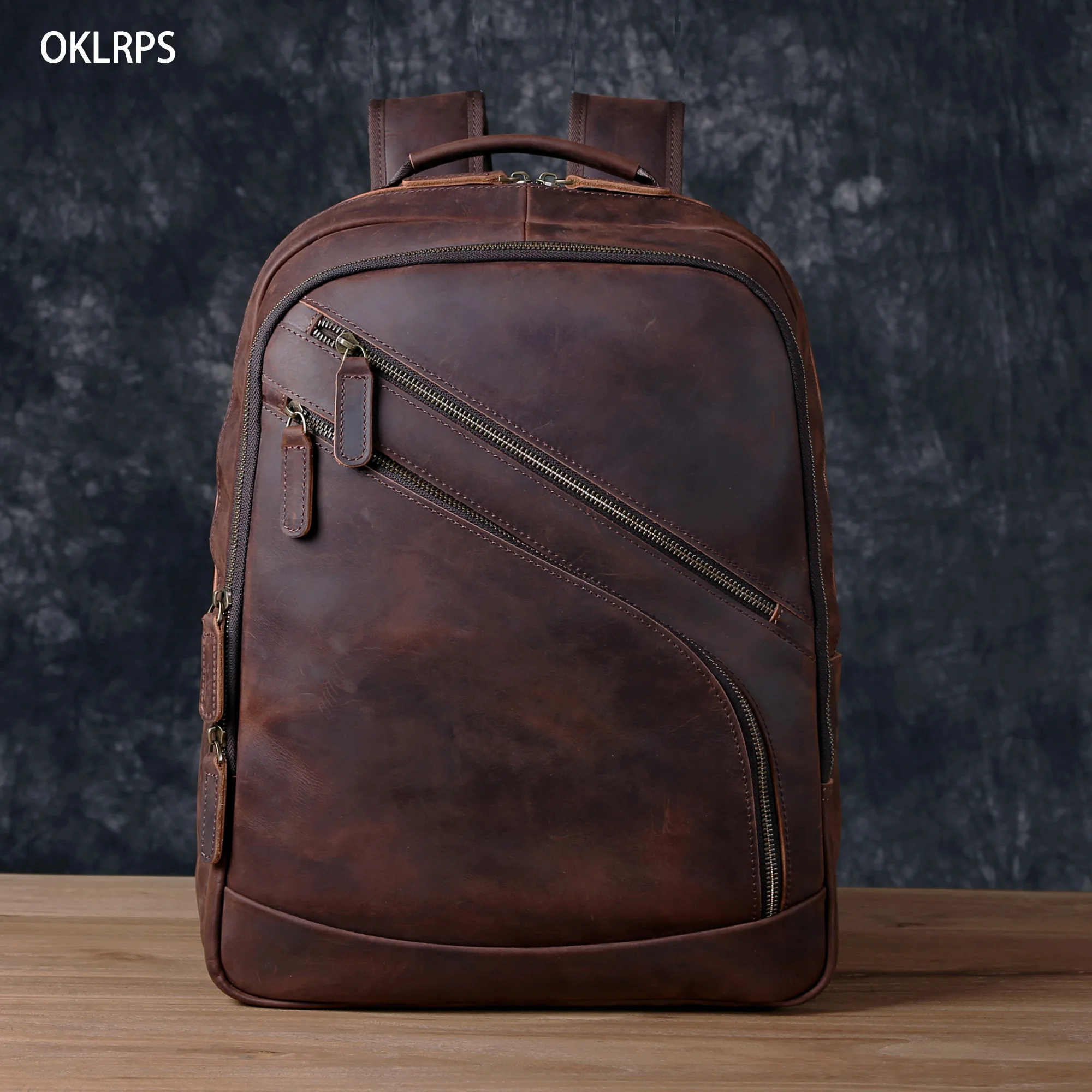 Leather Backpack Men's Backpack Top Layer Cowhide Computer Bag Large Capacity Hiking Bag Retro Travel Bag Fashion Schoolbag