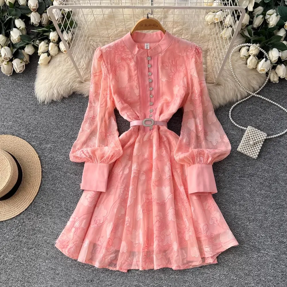 

French Elegant Hollow Out Flower Embroidery Lace Dresses Women Lantern Sleeve Single Breasted Diamond Belt A Line Short Dresses