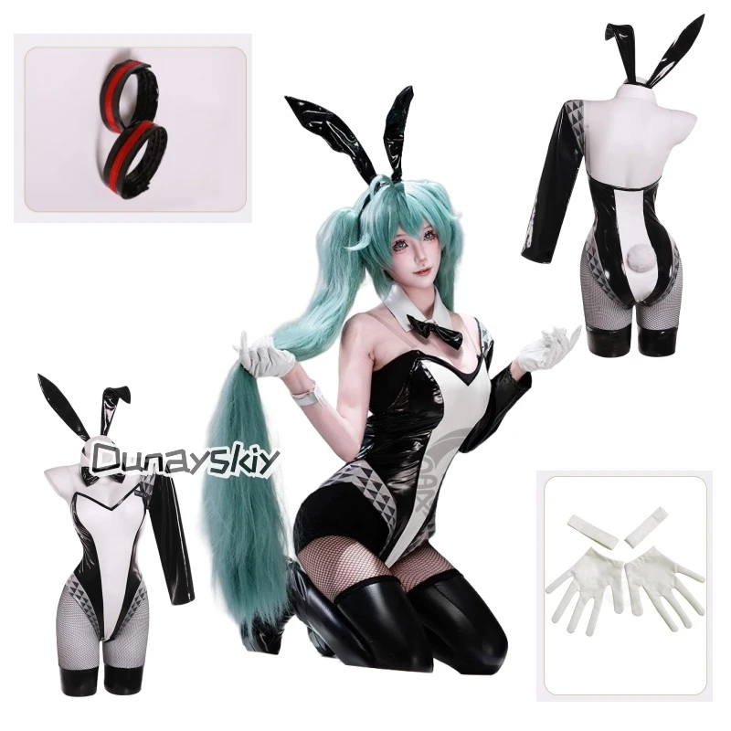 

FREEing Vocal Series 01 Bunny Girl Costume Women Elastic Leather Fabric Sexy Cosplay Bunny Suit White Black Jumpsuits