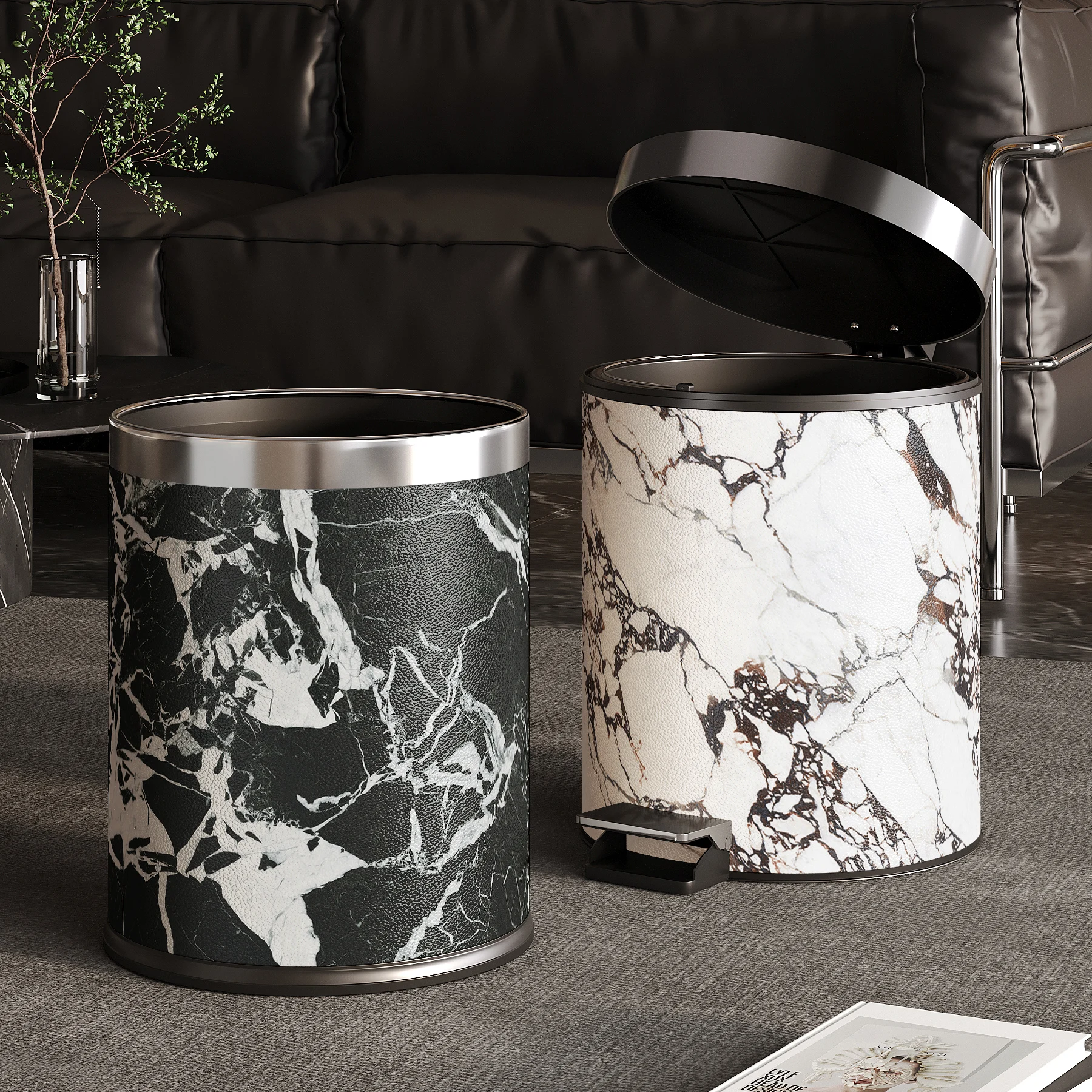 

Luxury Marble Pattern Modern High Capaci Leather Tra Can for Bedroom Office Living Room Foot Pedal Openning round ape