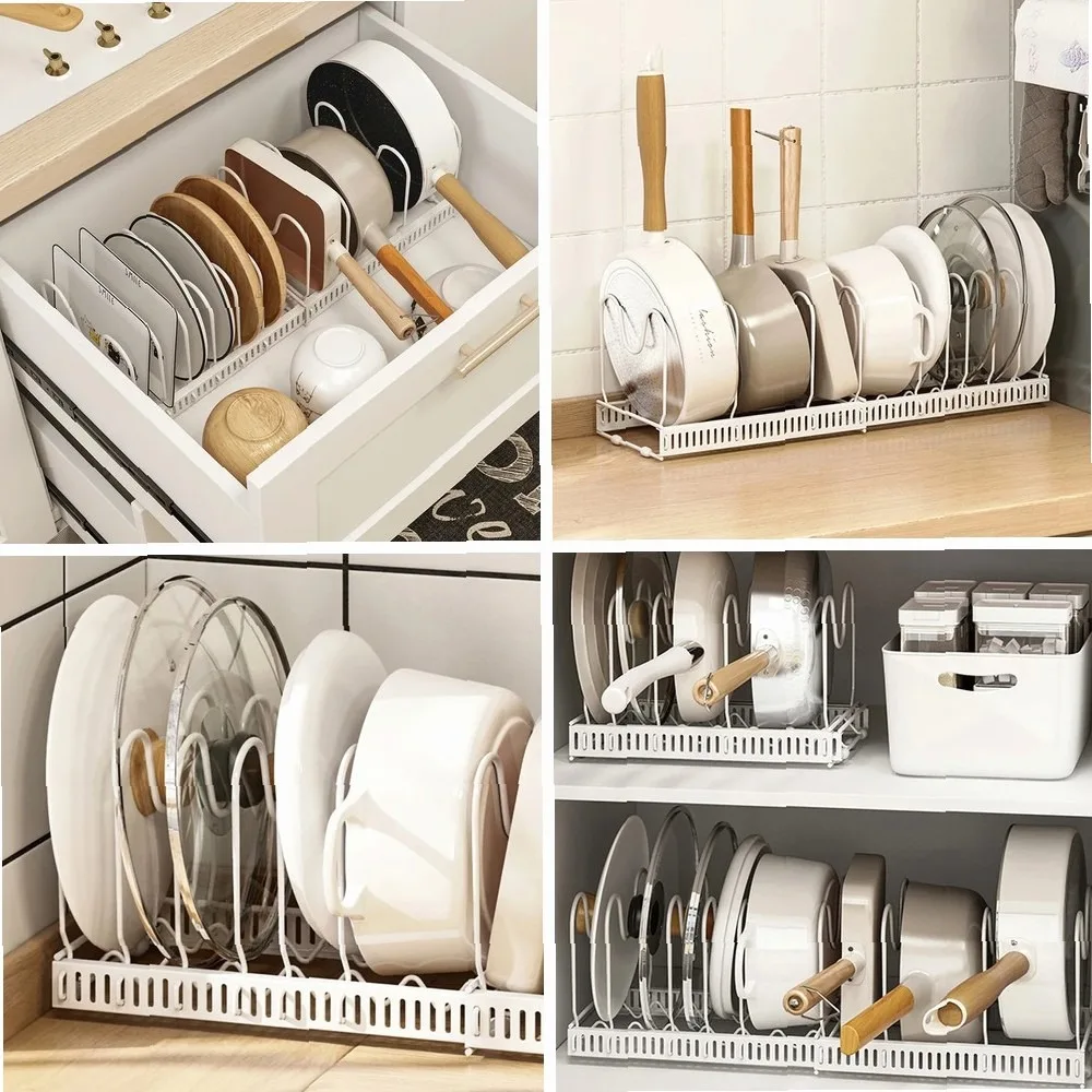 

Expandable Pots and Pans Organizer Rack, 4/7 Adjustable Cabinet Compartments Kitchen Storage Rack