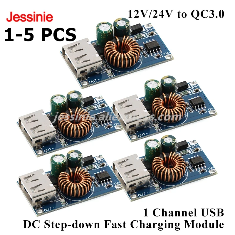 5pcs/1pc 1 Channel USB DC Step-down Fast Charging Module 12V 24V to QC 3.0 DC-DC Mobile Phone Charger Board