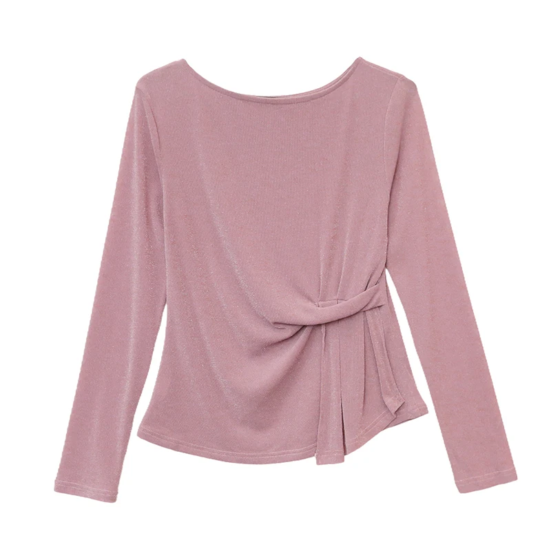 

2025, новинка, черный, весна, корейский, стиль, тонкий, однотонный, футболка, шикарный, сексуальный, с круглым вырезом, драпированный, женские, топы, рубашка с длинным рукавом, футболки, 59205