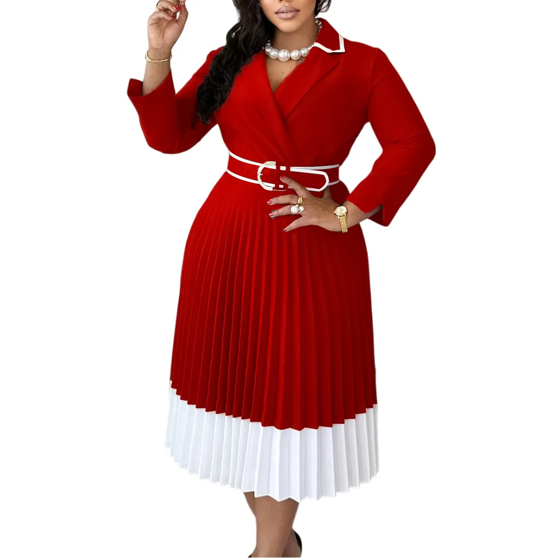 

Dashiki African Dresses for Women Elegant African Long Sleeve V-neck Polyester Party Evening Pleated Long Dress Outfits S-3XL