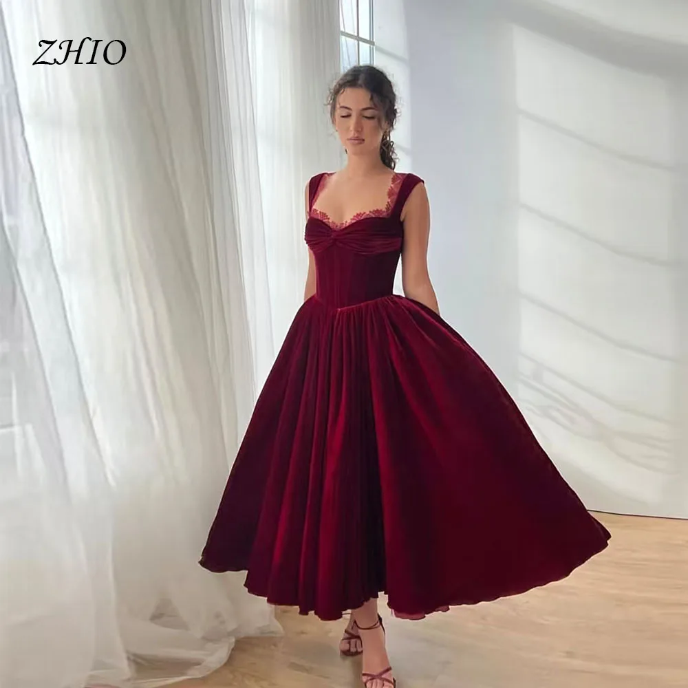 

ZHIO Elegant Dark Red Velvet Evening Dress Sweetheart Spaghetti Straps Ankle Length Formal Party Prom Gown Customized Vintage