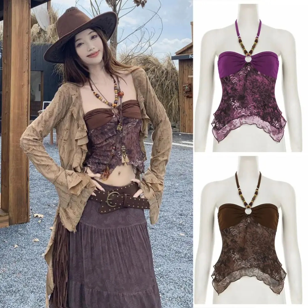 

Vintage Backless Mesh Halter Camisole Sleeveless Sweet Beads Hanging Vest Women Irregular Streetwear Slim Crop Top Vacation