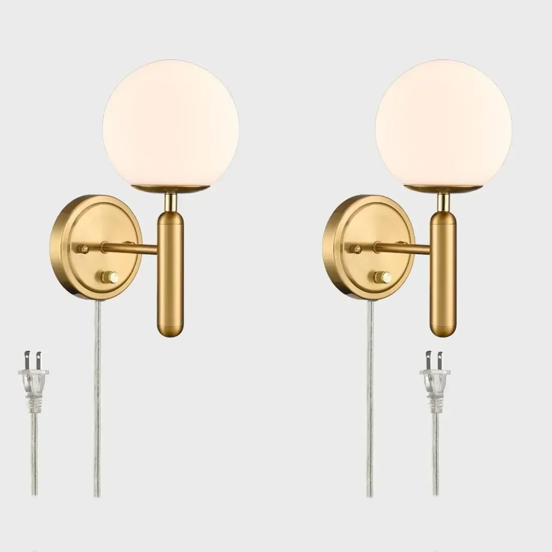 

Modern Plug in Wall Light Dimmable Wall Sconces Set of 2 with Switch Brass Wall Sconce for Bedroom Bathroom,Opal Globe Glass