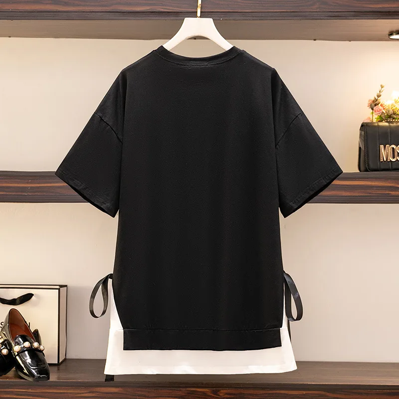 150Kg Plus Size Women\'s Bust 156 Summer Fake Two-Piece Short-Sleeved T-Shirt Loose Lace-Up Stitching Top 6XL 7XL 8XL 9XL 10XL