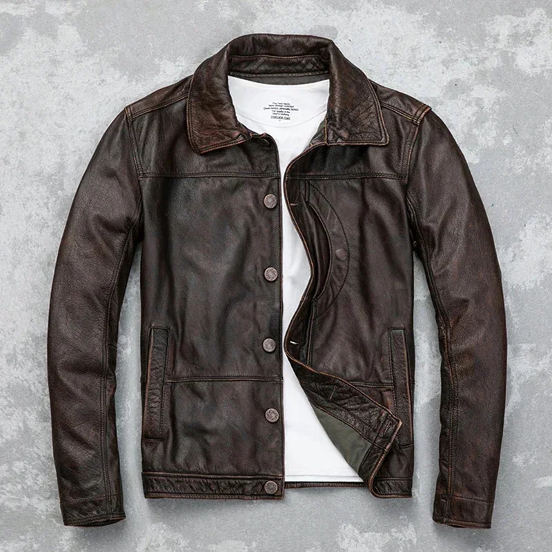 Top Layer Cowhide Jacket Vintage Distressed Luxury Made of Genuine Leather s High Quality Lapel Classic