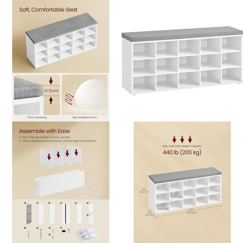 

Скамейка для хранения обуви с мягким наполнителем, мебель для прихожей с 15 отделениями, цвет облачно-белый и серый, 11.8x41.3x18.9