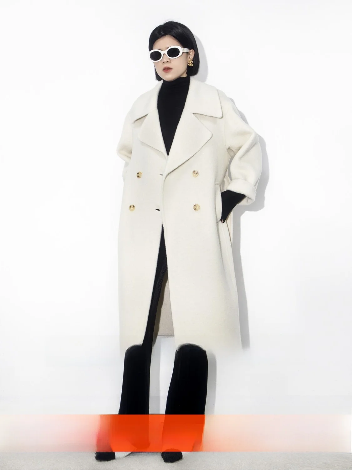 

ABH Wool Thiened Handmade Double-sided Tweed Double-breasted Coat Medium-length Suit Collar Woolen Outerwear Winter Women