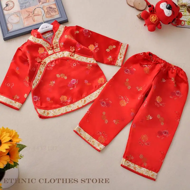 Silk Brocade Children Girls Tang Suit Spring and Autumn Costume Stage Performance Costume Chinese New Years 2PCS Shirt&Pants