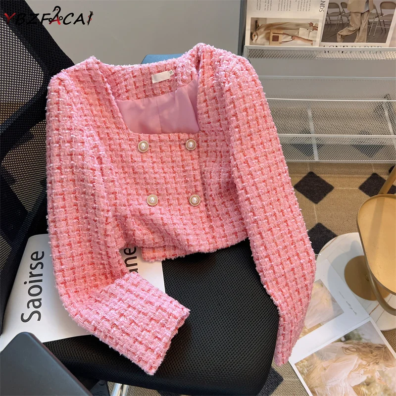 

Pink Tweed Jacket Women Square Collar Pearl Buckle Bright Silk Tweed Short Coat Korean Luxury Jacket Women Cropped Top 2023