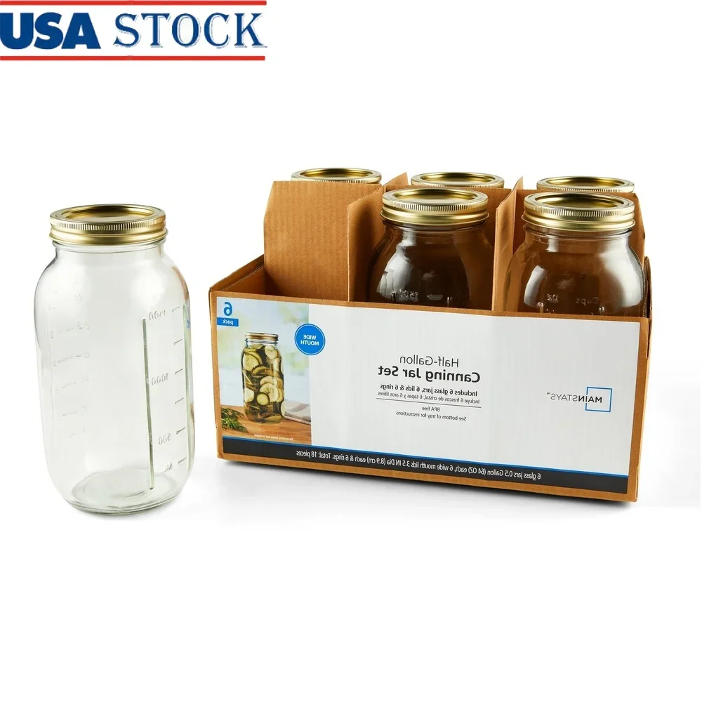 

64 oz Airtight Glass Jars Wide Mouth Canning Jars 6 Count Food Storage Preserving Fruits Vegetables Sauces Dishwasher Safe