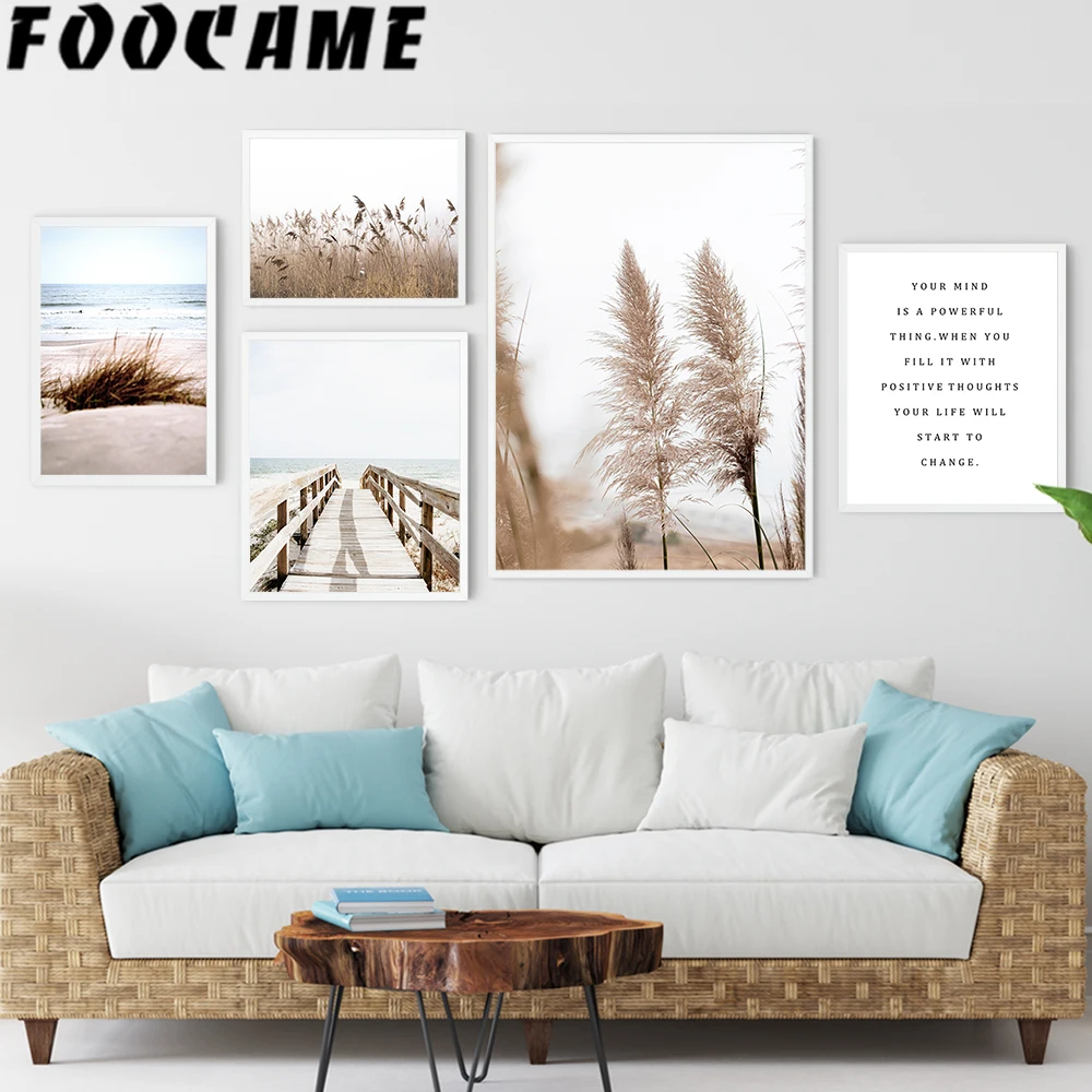 Trestle Reeds Seaside Beige Nordic Poster Wall Art Canvas Print Modern Landscape Living Room Picture Scenery Decorative Painting