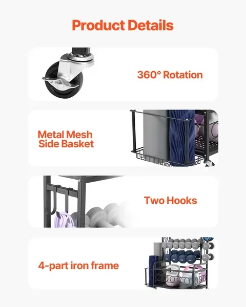 Yoga Mat Storage Rack with Hooks & Wheels, Steel Holder for Dumbbells, Kettlebells, Foam Roller, Yoga Strap – Powder Coated