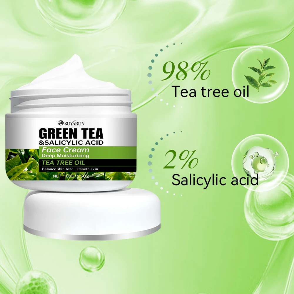 SUYARUN ティーツリー オイル & サリチル酸 グリーン ティー フェイス クリーム - ニキビ治療、オイル コントロール、脂性肌の毛穴ケア。